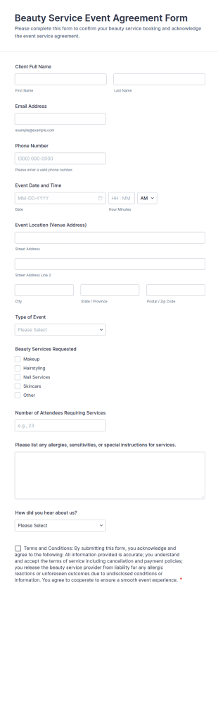 Beauty Service Event Agreement Form Template
