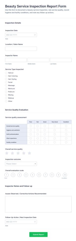 Beauty Service Inspection Report Form Template