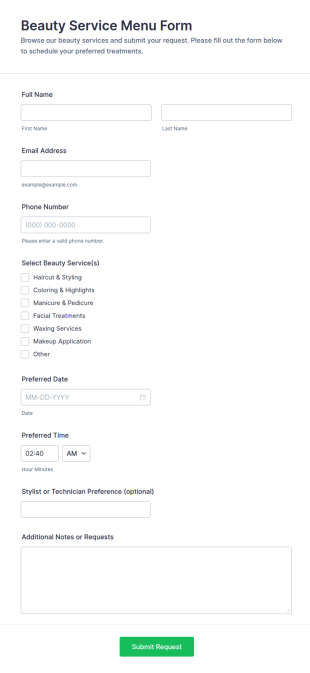 Beauty Service Menu Form Template