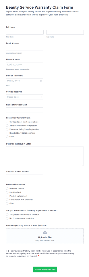 Beauty Service Warranty Form Template