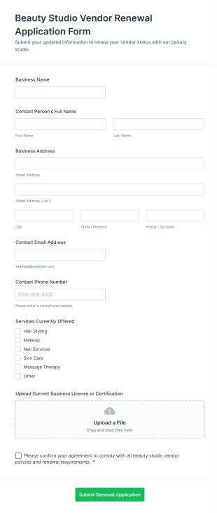 Beauty Studio Vendor Renewal Application Form Form Template