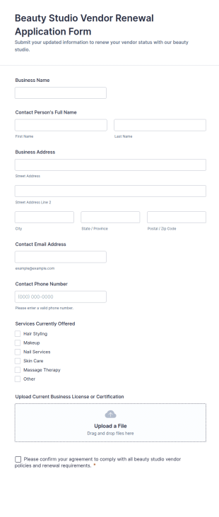 Beauty Studio Vendor Renewal Application Form Template