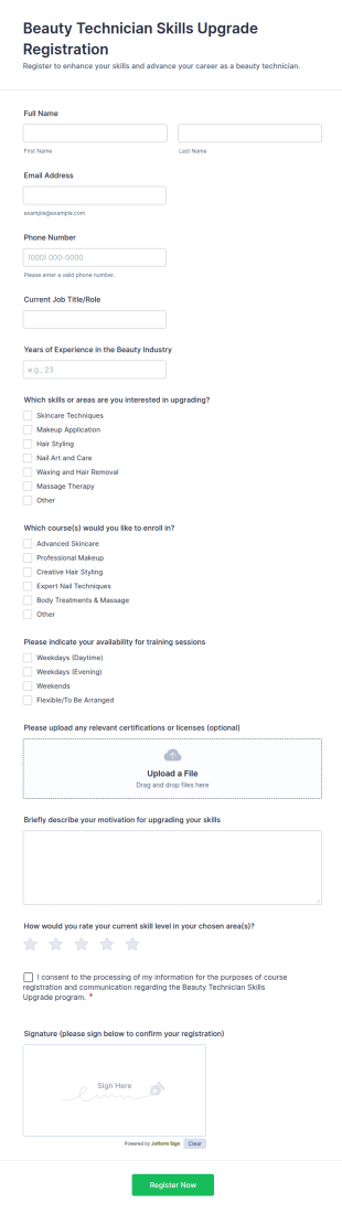 Beauty Technician Skills Upgrade Registration Form Template