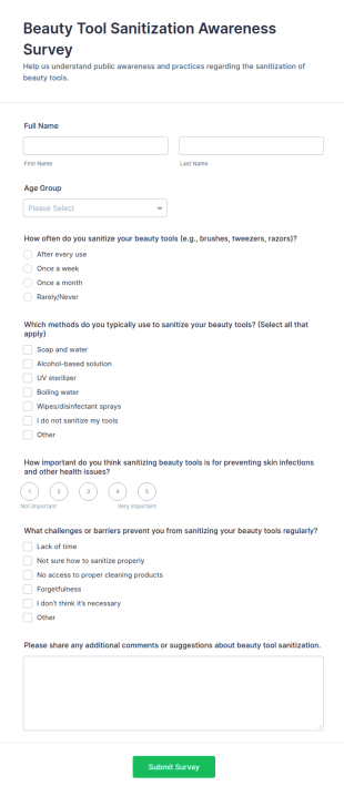 Beauty Tool Sanitization Awareness Survey Form Template