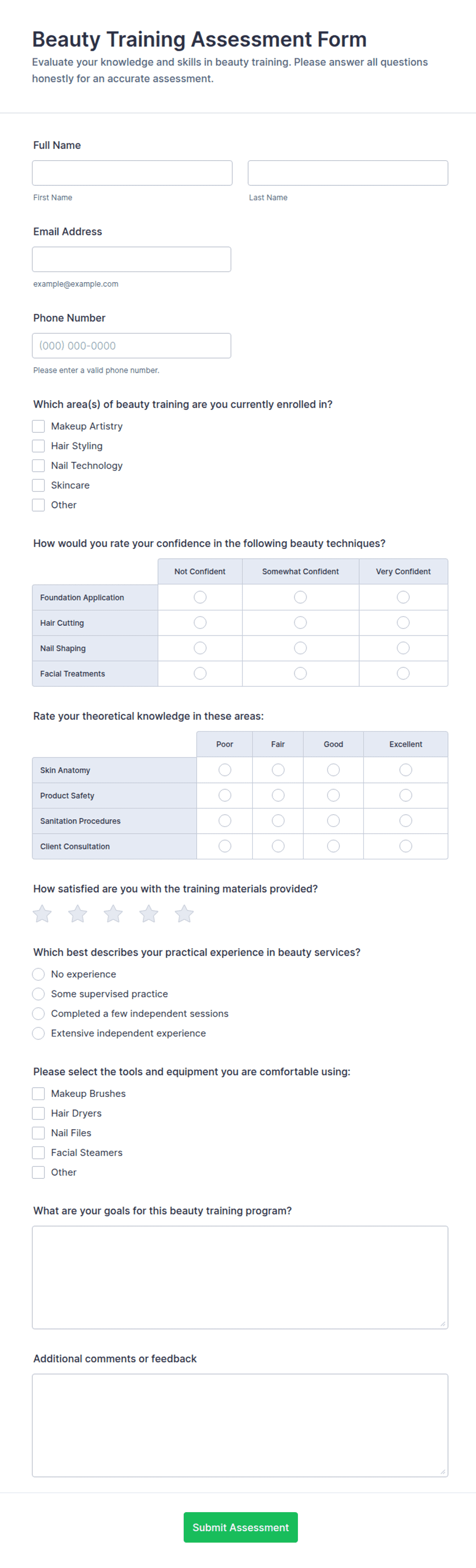 Beauty Training Assessment Form Template | Jotform