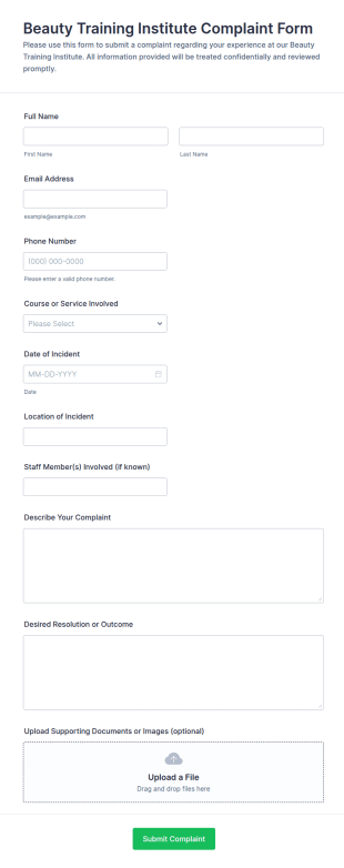 Beauty Training Institute Complaint Form Template