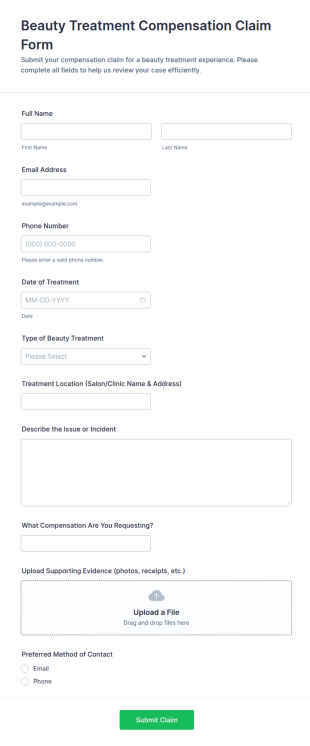 Beauty Treatment Compensation Claim Form Template
