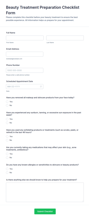 Beauty Treatment Preparation Checklist Form Template