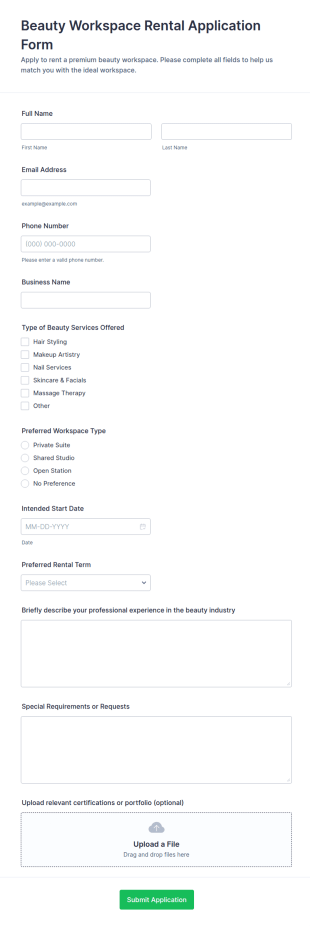 Beauty Workspace Rental Application Form Template