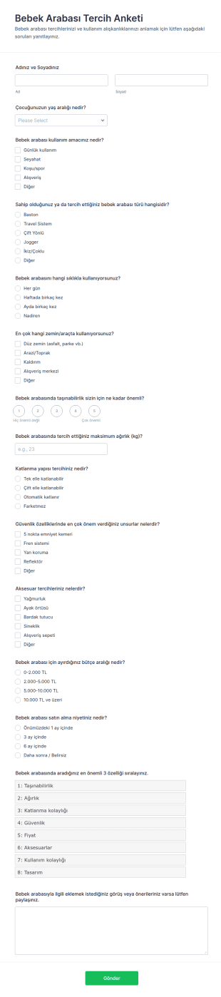 Bebek Arabası Tercih Anketi Form Şablonu