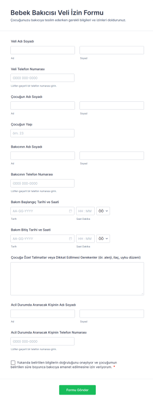 Bebek Bakıcısı Veli İzin Form Template