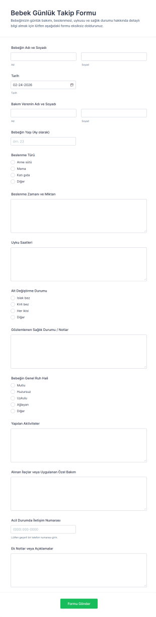 Bebek Günlük Takip Form Şablonu