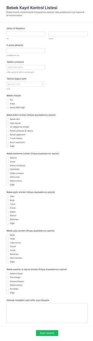 Bebek Kayıt Kontrol Listesi Form Şablonu