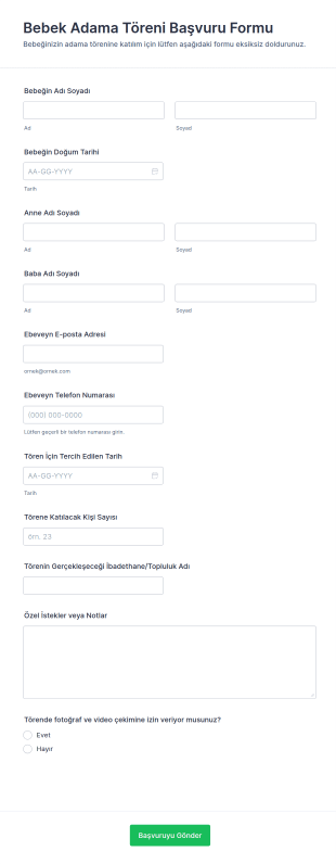 Bebek Adama Töreni Başvuru Form Şablonu