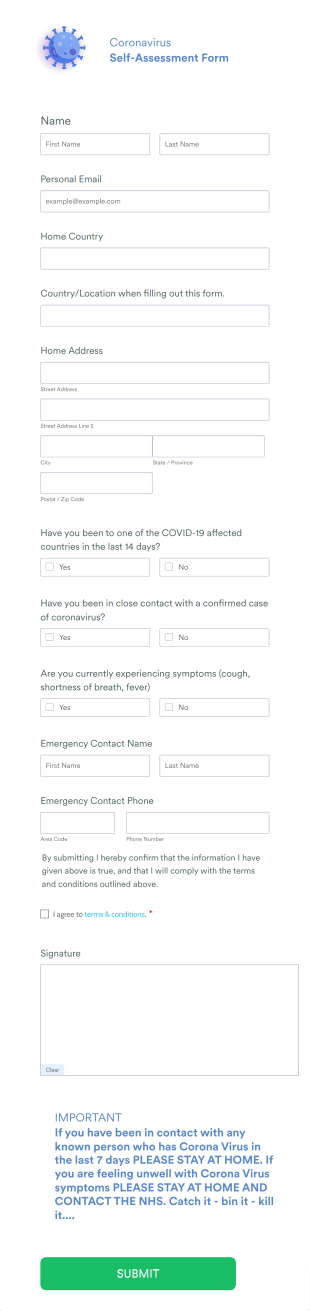 BeBody Health And Fitness Coronavirus Self Assessment Form Template