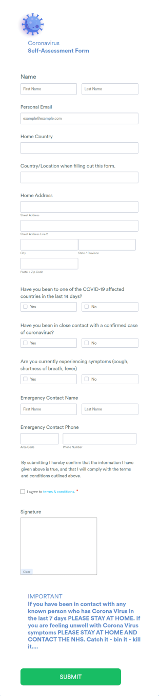 BeBody Health And Fitness Coronavirus Self Assessment Form Template