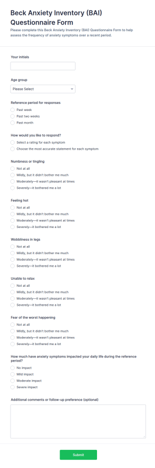 Beck Anxiety Inventory (BAI) Questionnaire Form Template