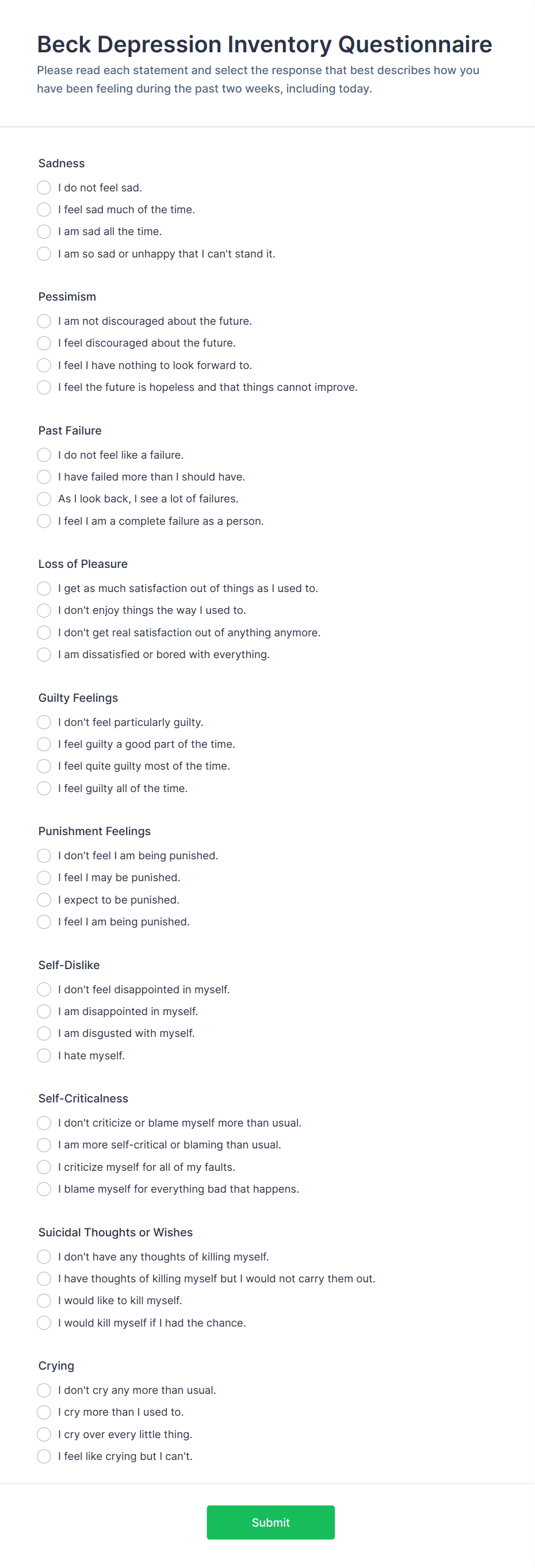 Beck Depression Inventory Questionnaire Form Template | Jotform