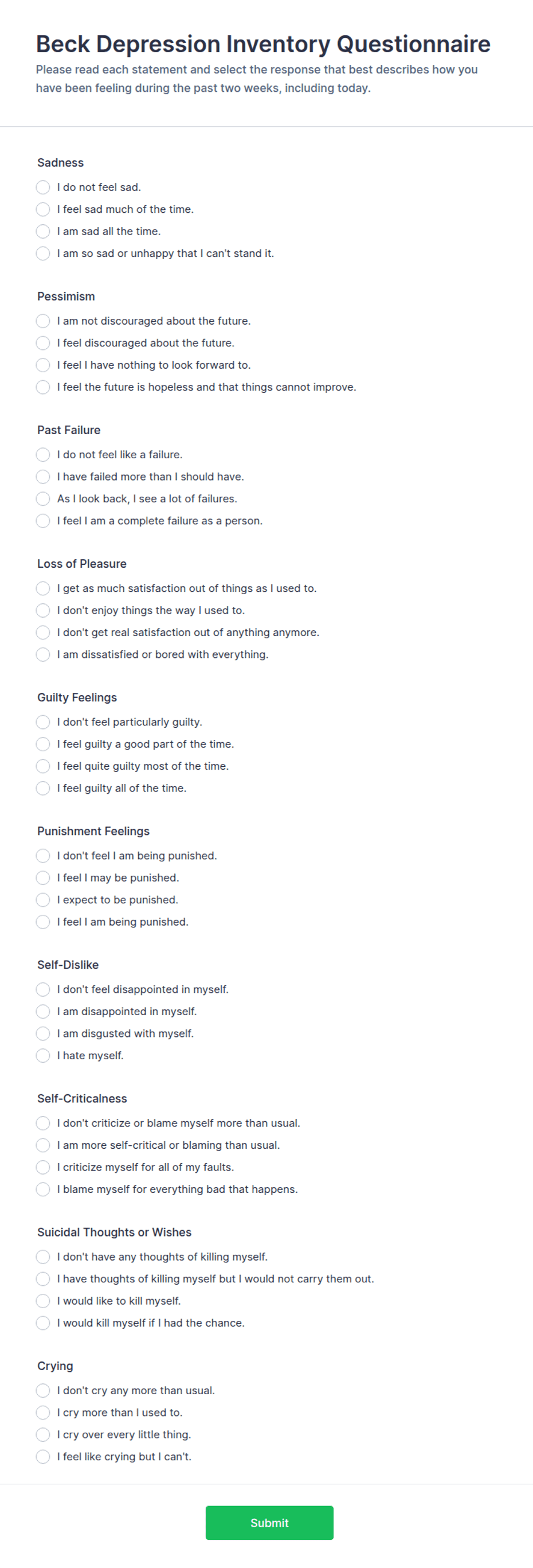 Beck Depression Inventory Questionnaire Form Template | Jotform