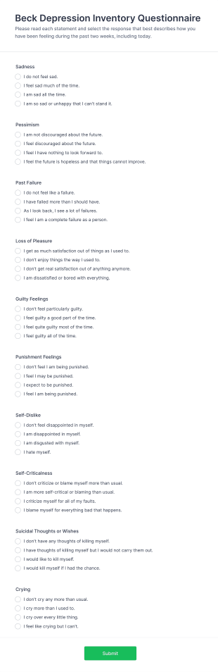 Beck Depression Inventory Questionnaire Form Template
