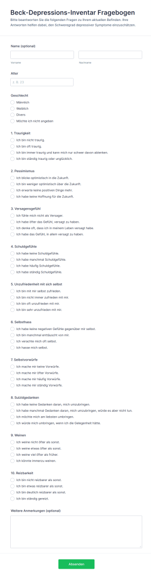 Beck Depressions Inventar Fragebogen