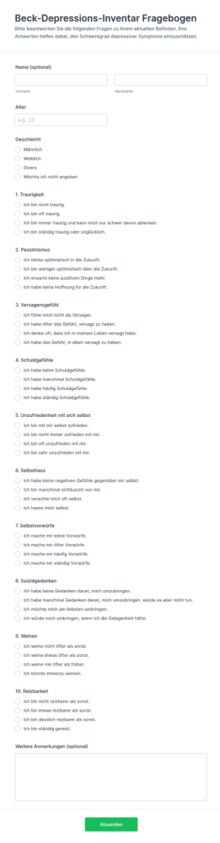 Beck Depressions Inventar Fragebogen