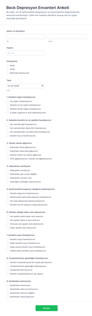Beck Depresyon Envanteri Anketi Form Şablonu