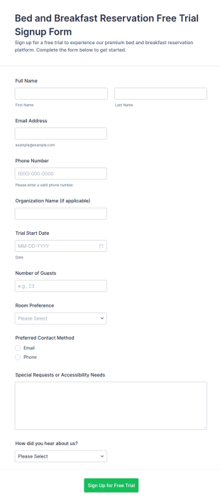 Bed And Breakfast Reservation Free Trial Signup Form Template