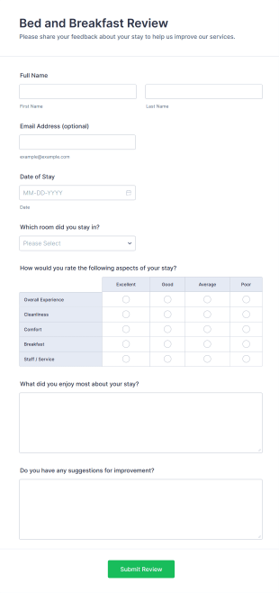 Bed And Breakfast Review Form Template