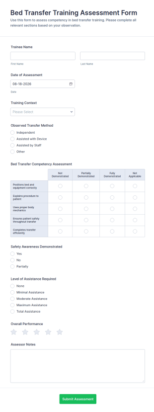 Bed Transfer Training Assessment Form Template