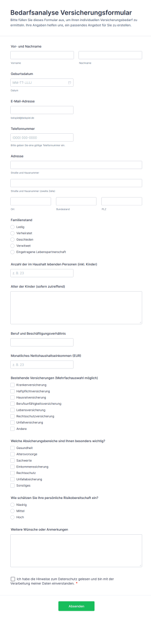 Bedarfsanalyse Versicherungsformular