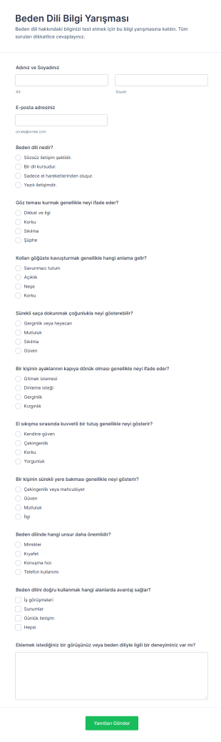 Beden Dili Bilgi Yarışması Form Şablonu
