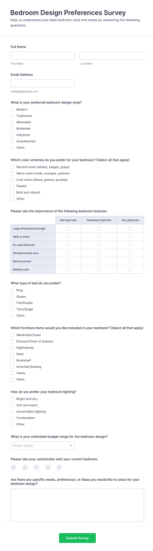 Bedroom Design Preferences Survey Form Template