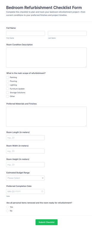 Bedroom Refurbishment Checklist Form Template