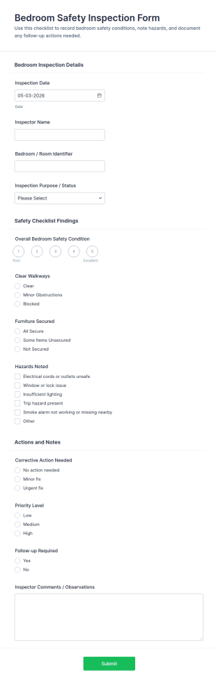 Bedroom Safety Inspection Checklist Form Template