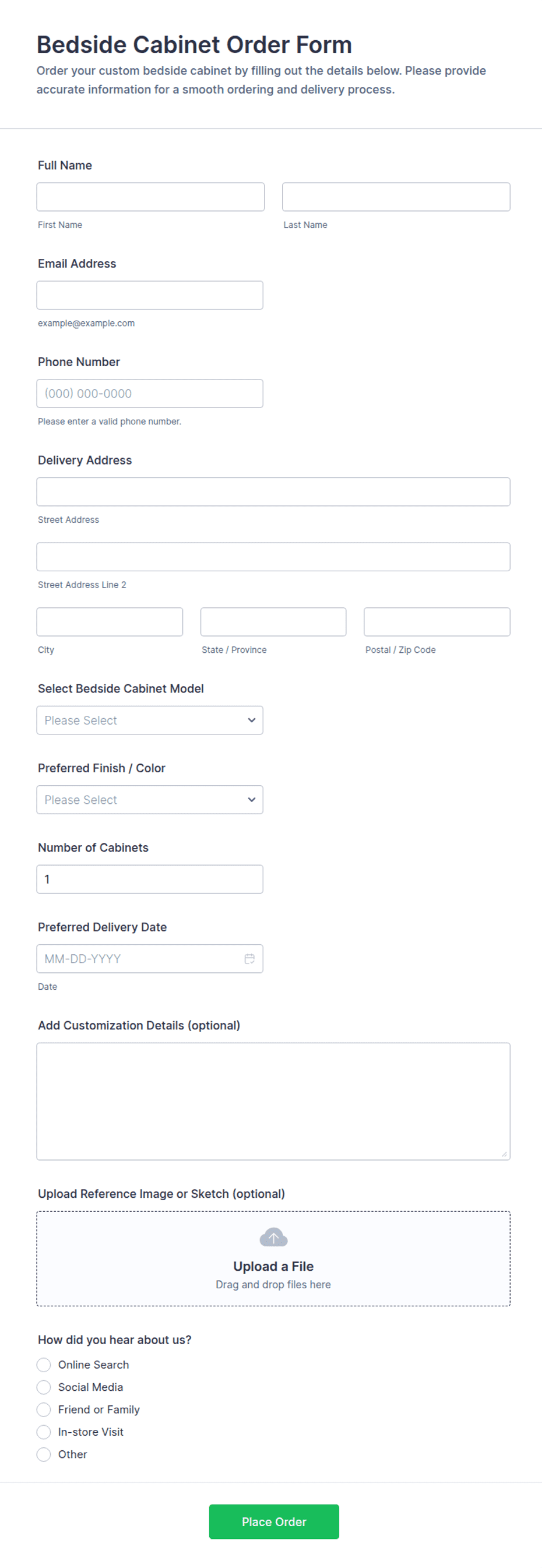 Bedside Cabinet Order Form Template | Jotform