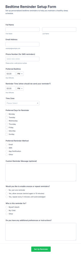 Bedtime Reminder Setup Form Template