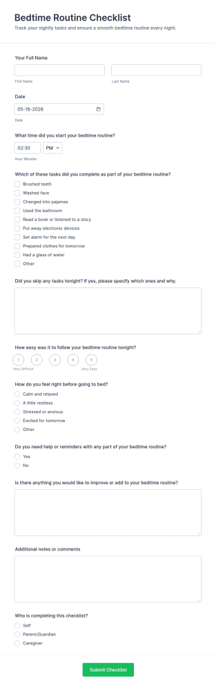 Bedtime Routine Checklist Form Template