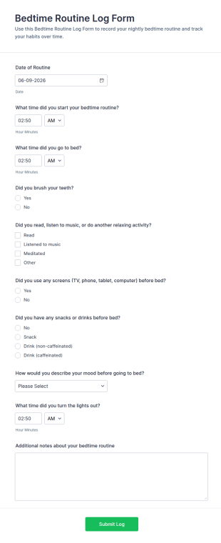 Bedtime Routine Log Form Template