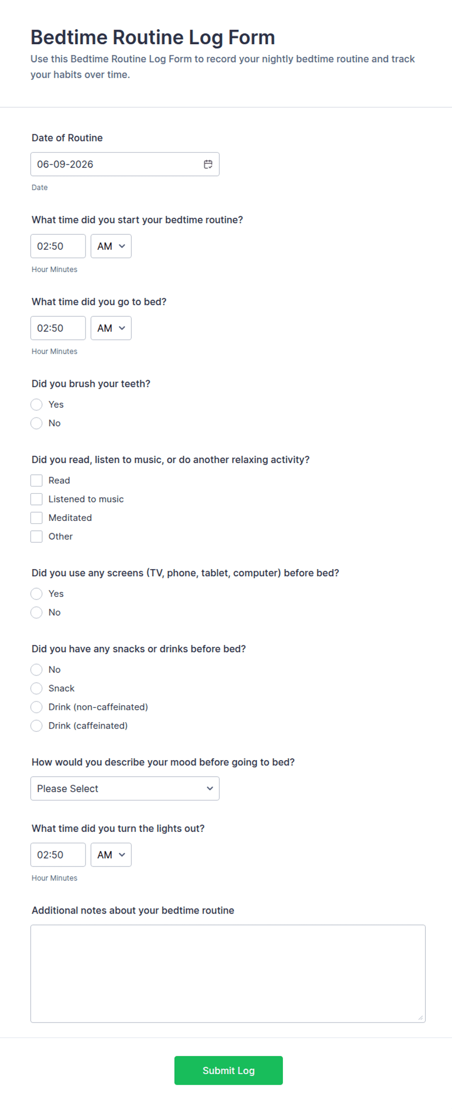 Bedtime Routine Log Form Template | Jotform