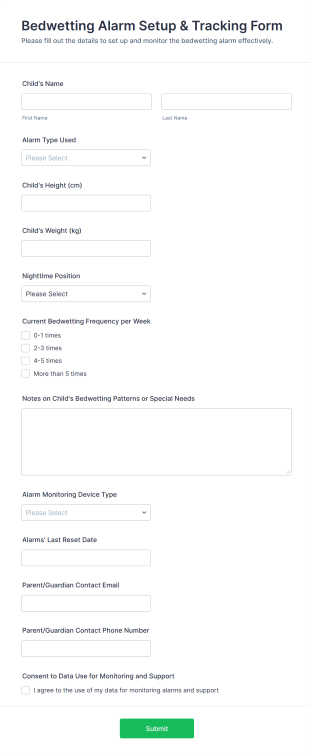 Bedwetting Alarm Setup & Tracking Form Template