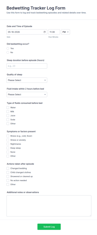Bedwetting Tracker Log Form Template