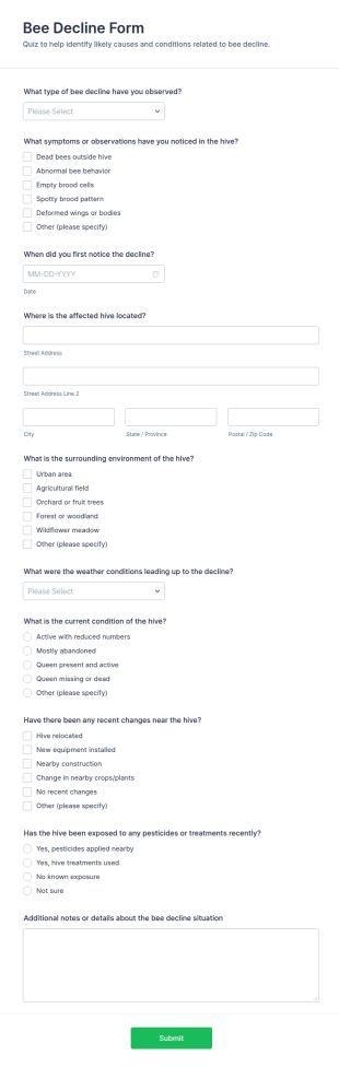 Bee Decline Quiz Form Template
