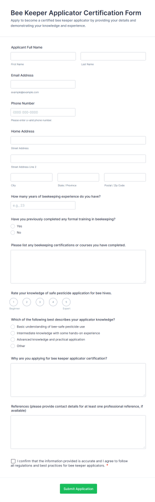 Bee Keeper Applicator Certification Form Template