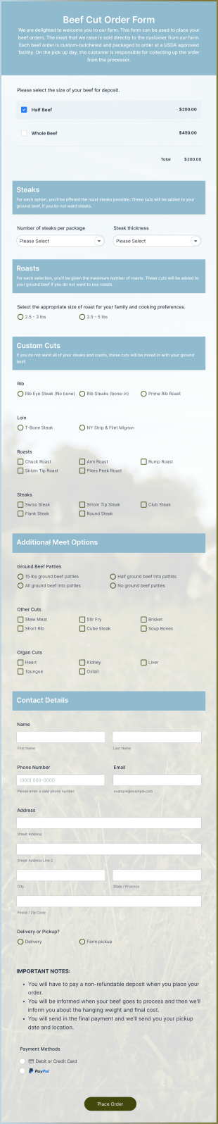Beef Cut Order Form Template
