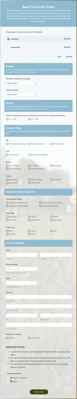 Beef Cut Order Form Template