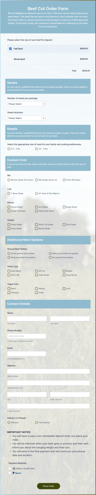 Beef Cut Order Form Template