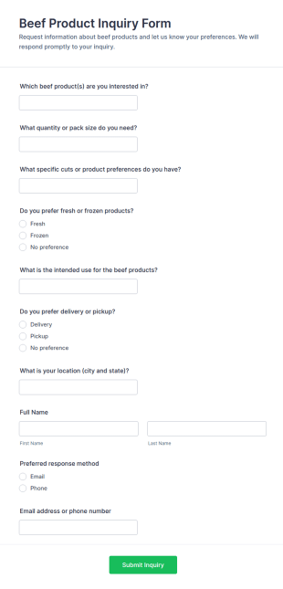 Beef Product Inquiry Form Template