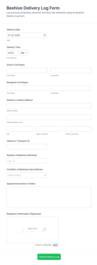 Beehive Delivery Log Form Template