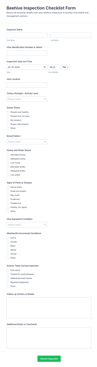 Beehive Inspection Checklist Form Template